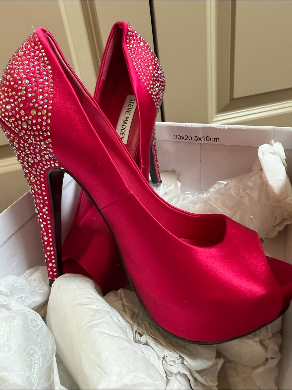 Steve Madden Hot Pink Satin Crystal-Embellished Peep-Toe Pumps